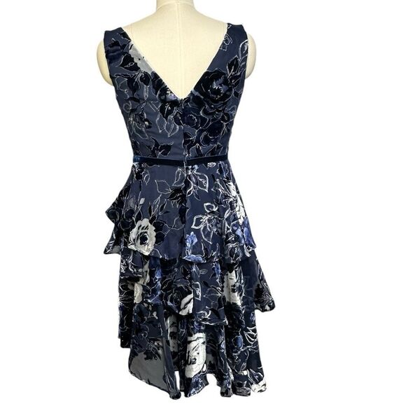 Marchesa Navy Blue Floral Velvet Textured Tiered Cocktail Midi Dress | Size 4 - Picture 8 of 13